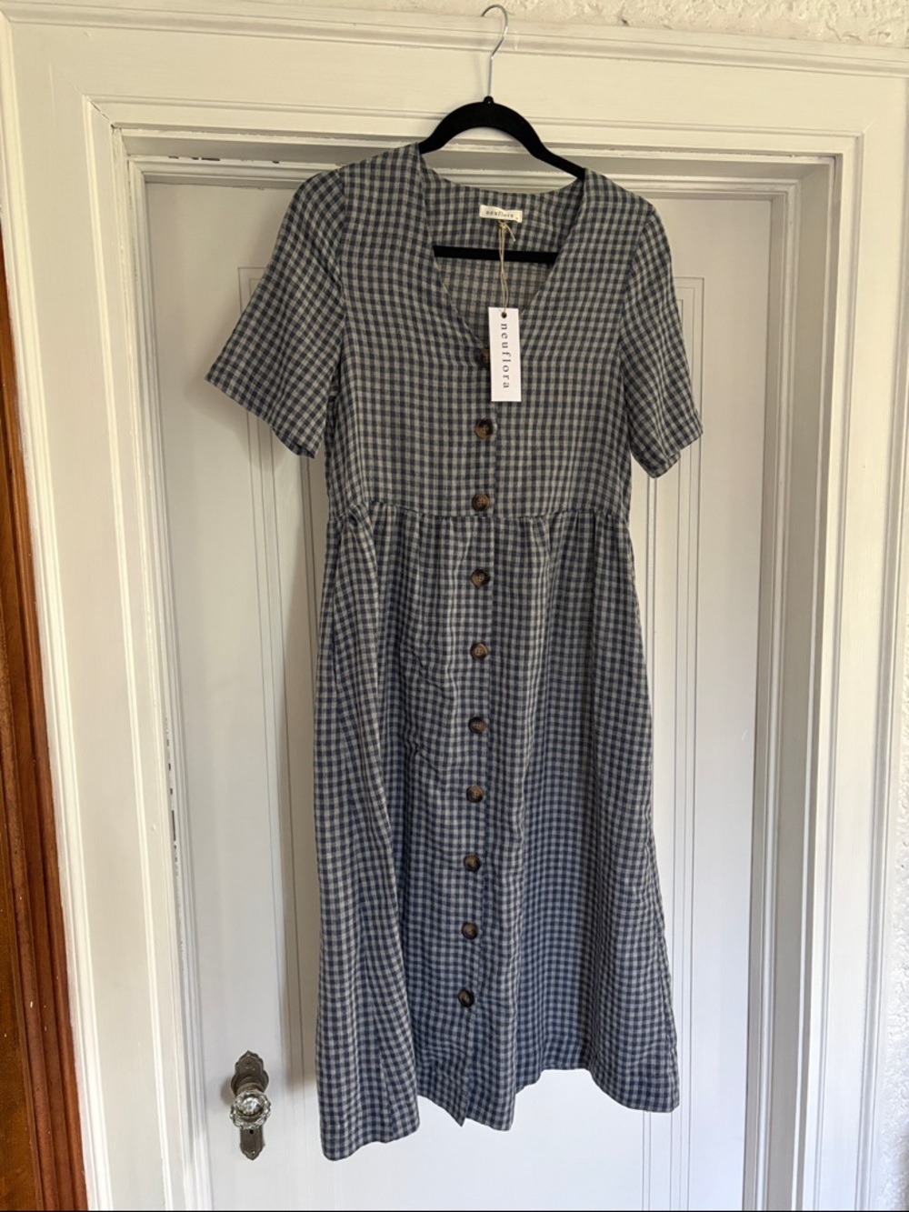Neuflora Blue Gingham Maxi Dress with Front Buttons
